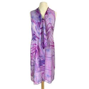 Tess Womens Silk Tunic Dress Size 10 Lavender Vintage Floral Tie Button Front